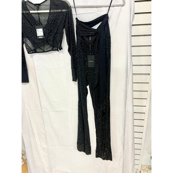 NWT Rosacha Polka Dot Sheer Crop Blouse Top & Tie Waist Flare Pants Set Black S - Picture 6 of 12